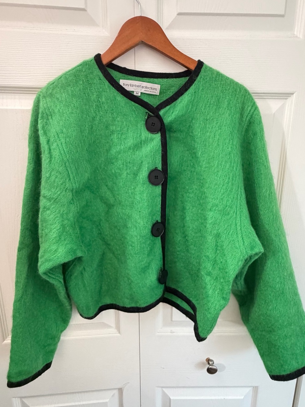 Tony Lambert Collections Vintage Green Mohair Wool Cardigan Jacket Black Trim M